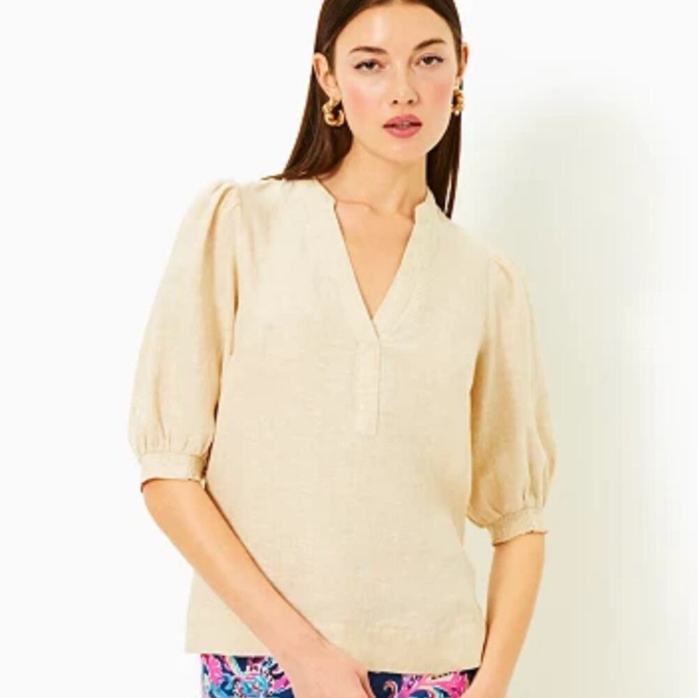 Lilly Pulitzer Mialeigh Beige Tan 100% Linen Top 3/4 Sleeve Size 8 *FLAW* - Picture 8 of 8